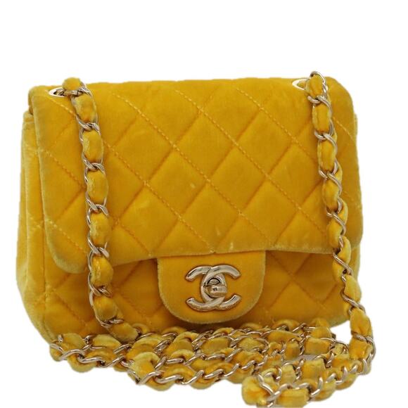CHANEL Matelasse Chain Shoulder Bag Velor Yellow CC - Picture 1 of 16
